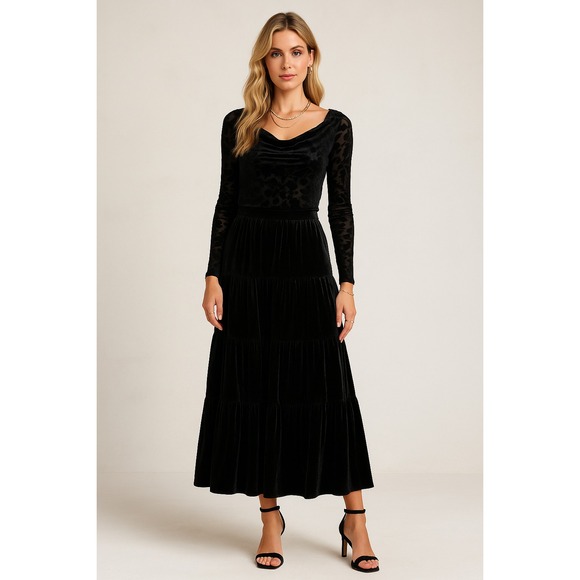 Vintage White Stag Maxi Skirt Women L Black Velvet Tiered Whimsigoth Witchy Boho - Picture 1 of 10